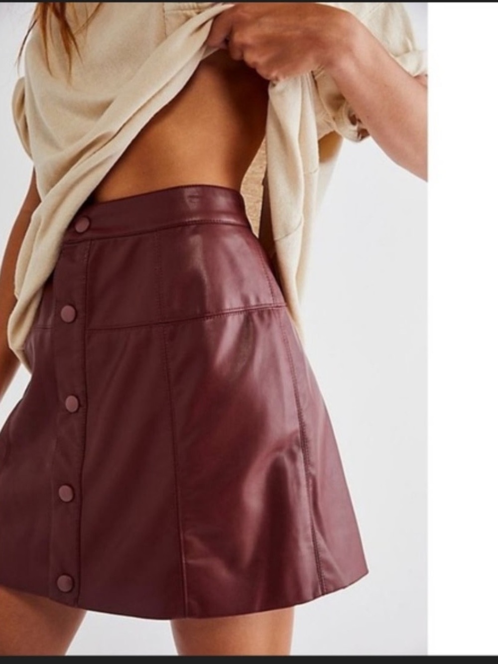 Free People Wine Button-Front Faux Leather A-Line Mini Skirt